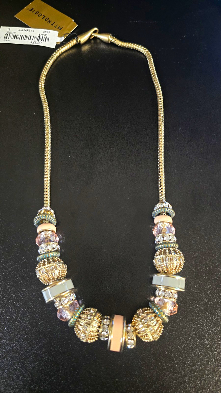 Mythologie Silver Tone Beaded Statement Necklace Clear Crystal Snake Chain Hook
